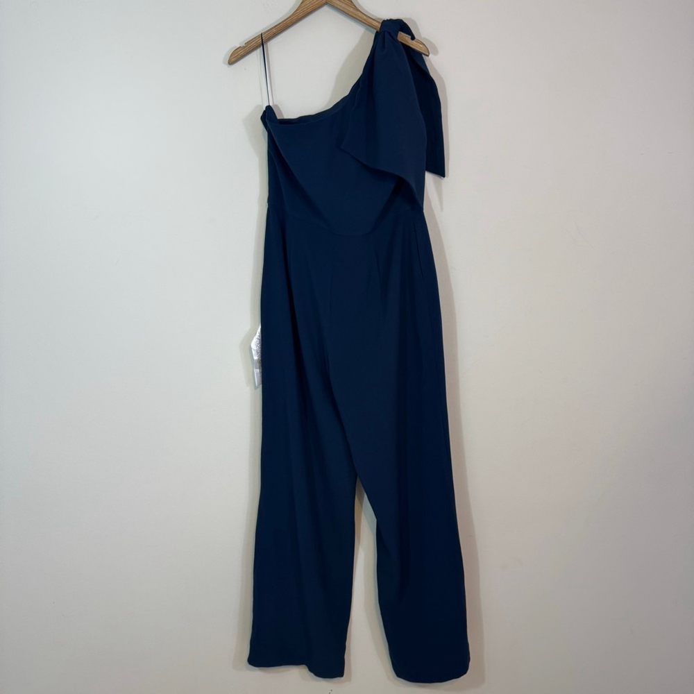 DRESS THE POPULATION Tiffany One Shoulder Bow Jumpsuit Navy Blue XL NWT $248 - Picture 6 of 9